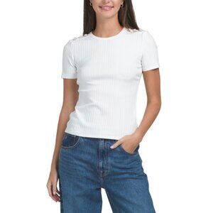 ELIE TAHARI White Short Sleeve Crew Neck Ribbed Tee